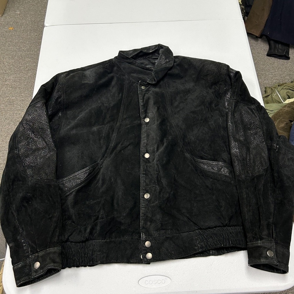 Byrnes & Baker Suede Bomber Jacket Men L Black Snakeskin Leather Trim Snap Front